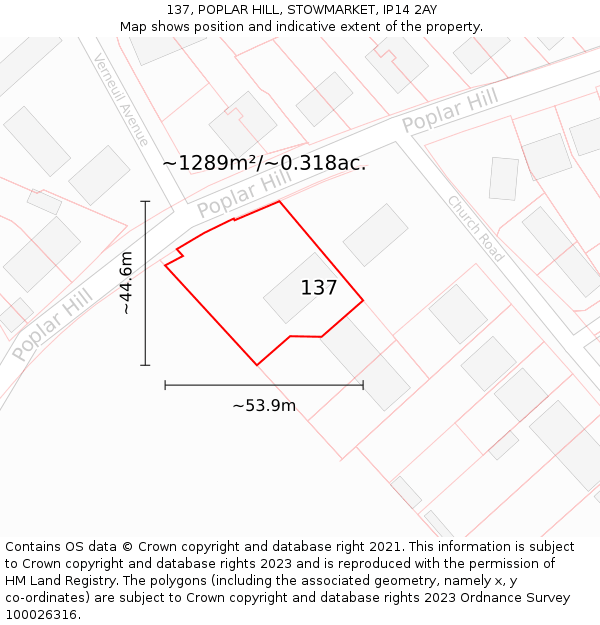 137, POPLAR HILL, STOWMARKET, IP14 2AY: Plot and title map