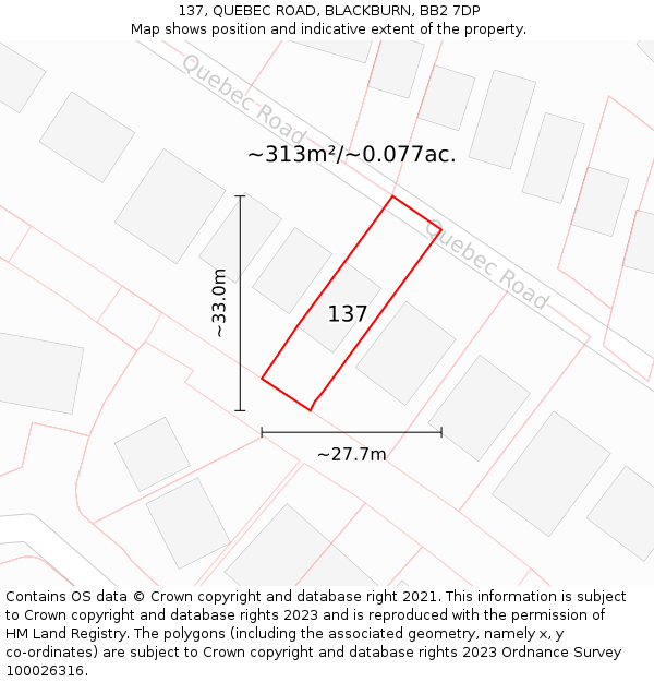 137, QUEBEC ROAD, BLACKBURN, BB2 7DP: Plot and title map