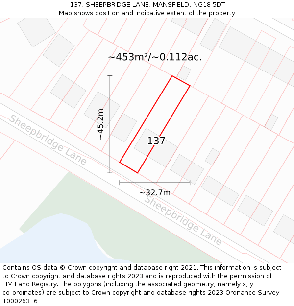 137, SHEEPBRIDGE LANE, MANSFIELD, NG18 5DT: Plot and title map