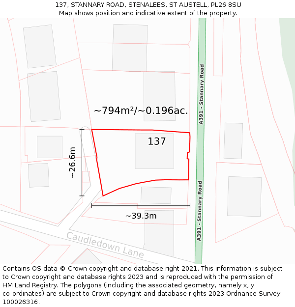 137, STANNARY ROAD, STENALEES, ST AUSTELL, PL26 8SU: Plot and title map