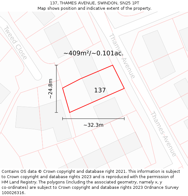 137, THAMES AVENUE, SWINDON, SN25 1PT: Plot and title map