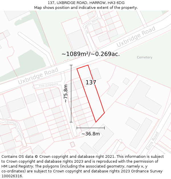 137, UXBRIDGE ROAD, HARROW, HA3 6DG: Plot and title map