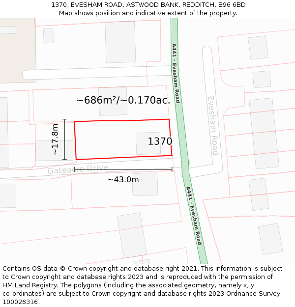 1370, EVESHAM ROAD, ASTWOOD BANK, REDDITCH, B96 6BD: Plot and title map