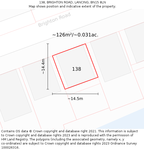 138, BRIGHTON ROAD, LANCING, BN15 8LN: Plot and title map