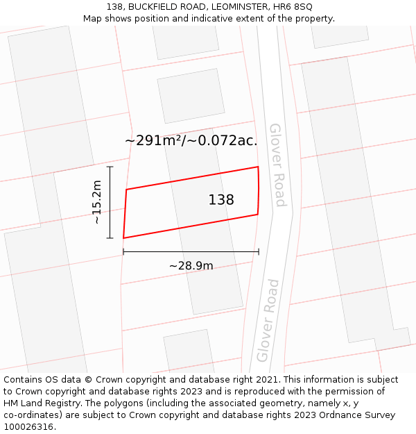 138, BUCKFIELD ROAD, LEOMINSTER, HR6 8SQ: Plot and title map
