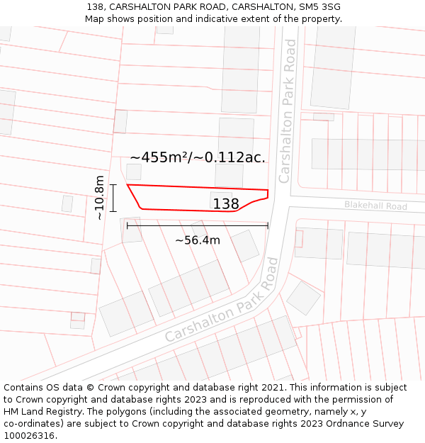 138, CARSHALTON PARK ROAD, CARSHALTON, SM5 3SG: Plot and title map