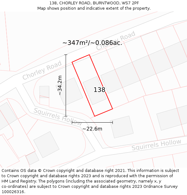 138, CHORLEY ROAD, BURNTWOOD, WS7 2PF: Plot and title map