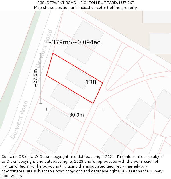 138, DERWENT ROAD, LEIGHTON BUZZARD, LU7 2XT: Plot and title map