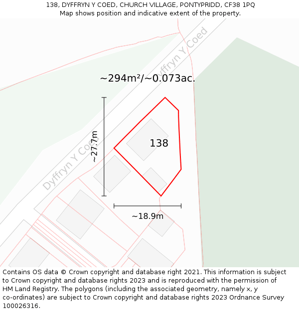 138, DYFFRYN Y COED, CHURCH VILLAGE, PONTYPRIDD, CF38 1PQ: Plot and title map