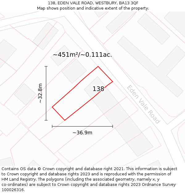 138, EDEN VALE ROAD, WESTBURY, BA13 3QF: Plot and title map