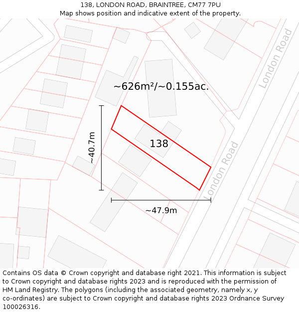 138, LONDON ROAD, BRAINTREE, CM77 7PU: Plot and title map