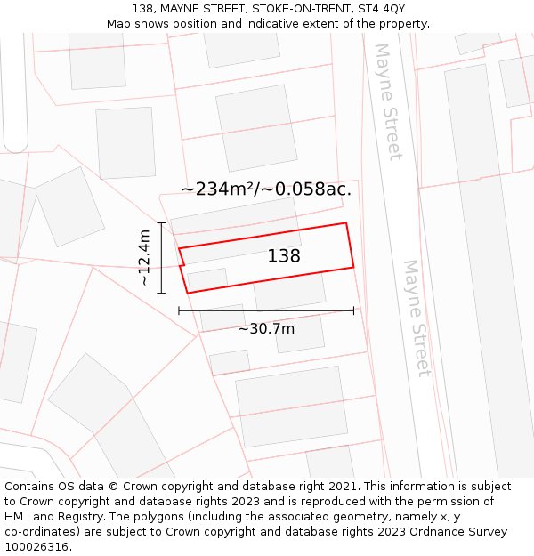 138, MAYNE STREET, STOKE-ON-TRENT, ST4 4QY: Plot and title map