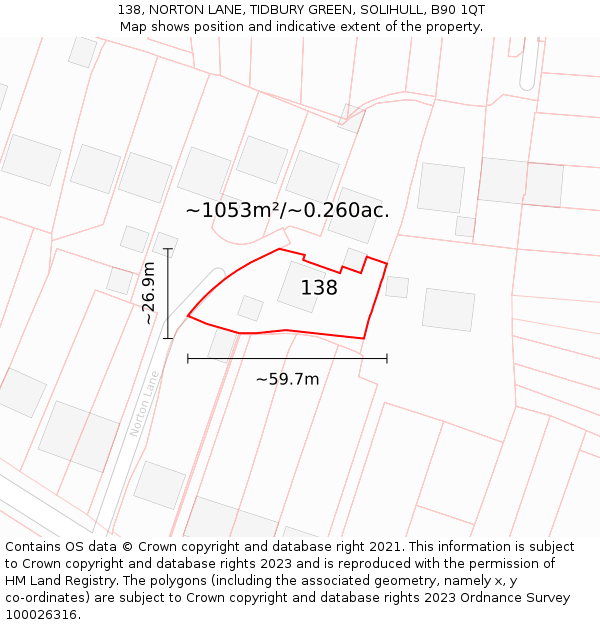 138, NORTON LANE, TIDBURY GREEN, SOLIHULL, B90 1QT: Plot and title map