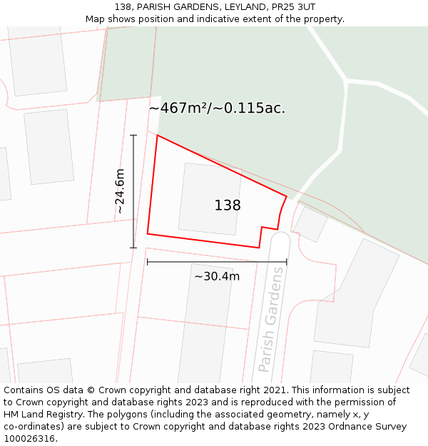 138, PARISH GARDENS, LEYLAND, PR25 3UT: Plot and title map