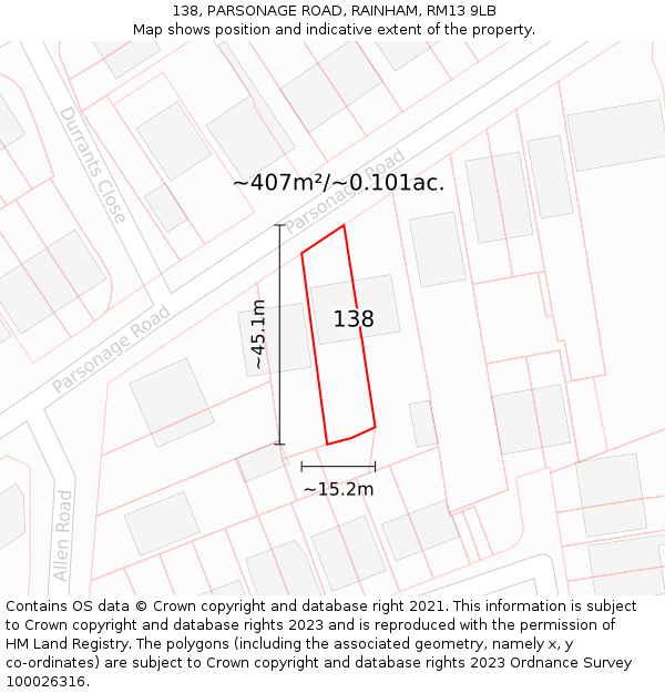 138, PARSONAGE ROAD, RAINHAM, RM13 9LB: Plot and title map