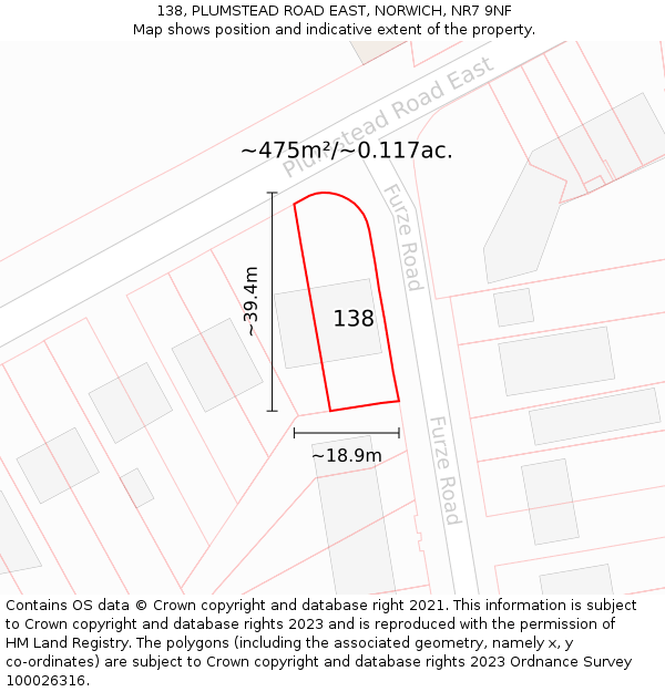 138, PLUMSTEAD ROAD EAST, NORWICH, NR7 9NF: Plot and title map