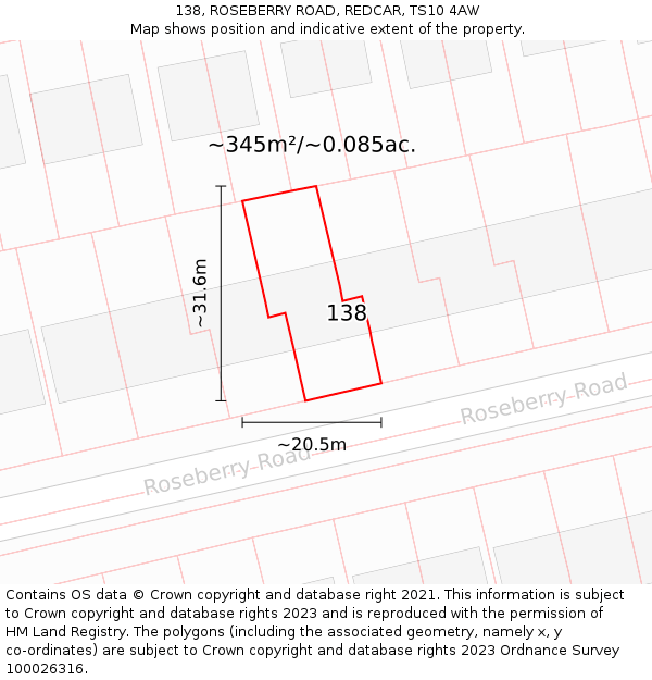 138, ROSEBERRY ROAD, REDCAR, TS10 4AW: Plot and title map