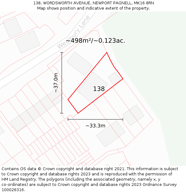 138, WORDSWORTH AVENUE, NEWPORT PAGNELL, MK16 8RN: Plot and title map