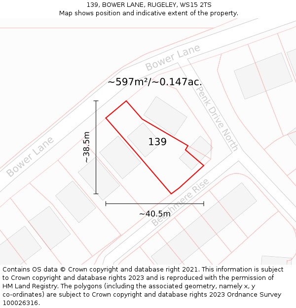 139, BOWER LANE, RUGELEY, WS15 2TS: Plot and title map