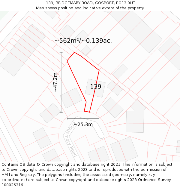 139, BRIDGEMARY ROAD, GOSPORT, PO13 0UT: Plot and title map