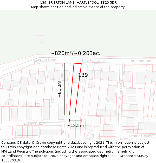 139, BRIERTON LANE, HARTLEPOOL, TS25 5DR: Plot and title map