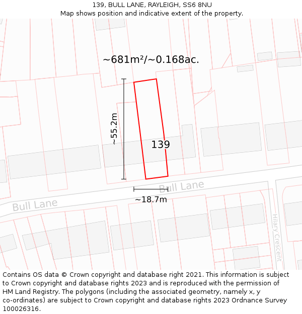 139, BULL LANE, RAYLEIGH, SS6 8NU: Plot and title map