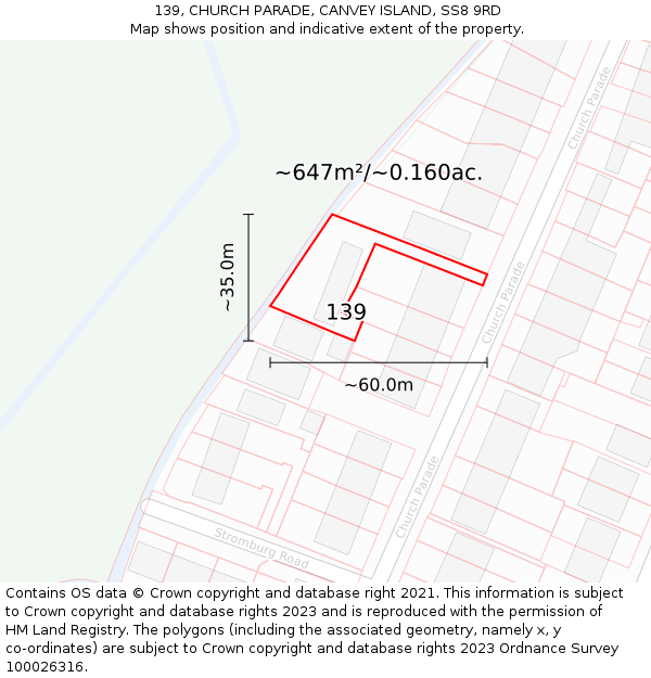 139, CHURCH PARADE, CANVEY ISLAND, SS8 9RD: Plot and title map