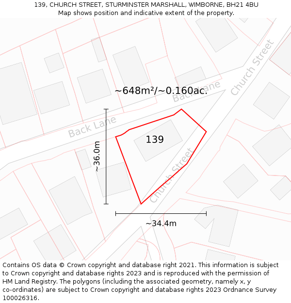 139, CHURCH STREET, STURMINSTER MARSHALL, WIMBORNE, BH21 4BU: Plot and title map