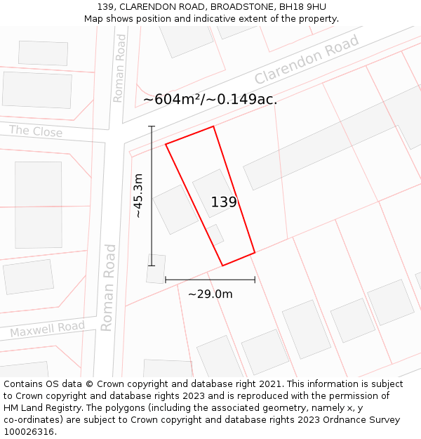 139, CLARENDON ROAD, BROADSTONE, BH18 9HU: Plot and title map