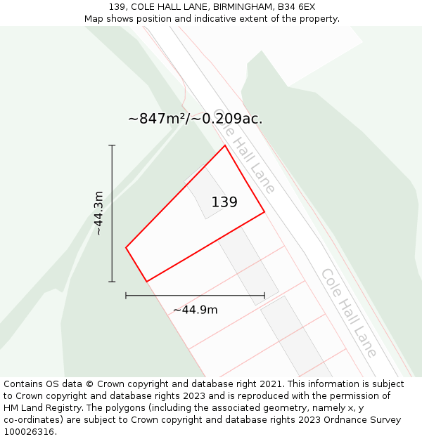 139, COLE HALL LANE, BIRMINGHAM, B34 6EX: Plot and title map
