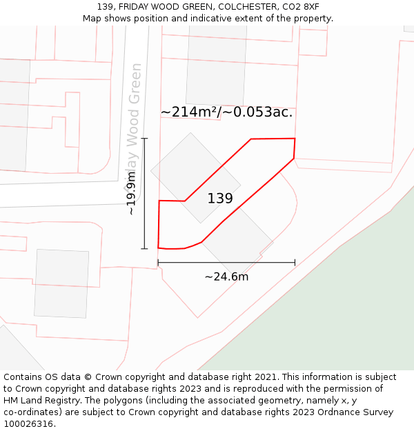 139, FRIDAY WOOD GREEN, COLCHESTER, CO2 8XF: Plot and title map