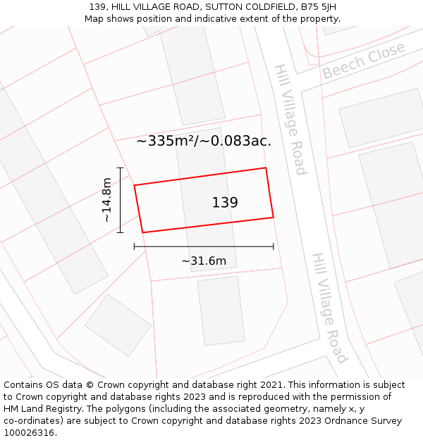 139, HILL VILLAGE ROAD, SUTTON COLDFIELD, B75 5JH: Plot and title map