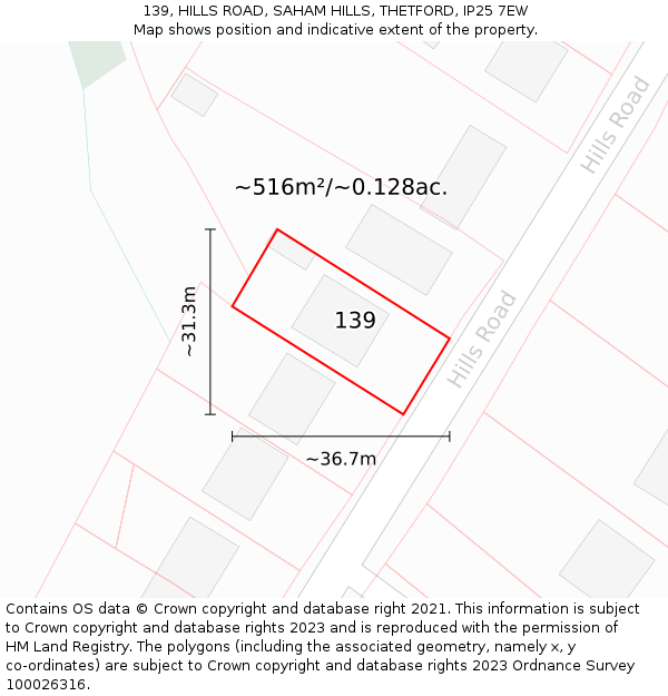 139, HILLS ROAD, SAHAM HILLS, THETFORD, IP25 7EW: Plot and title map