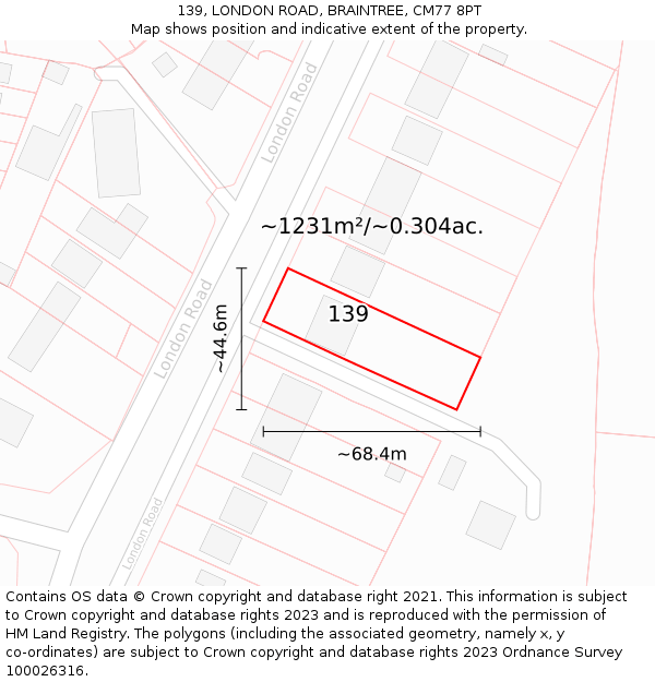 139, LONDON ROAD, BRAINTREE, CM77 8PT: Plot and title map