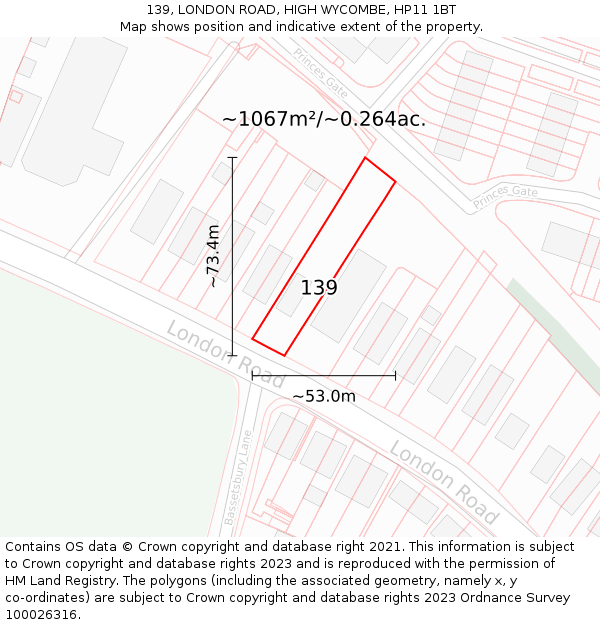 139, LONDON ROAD, HIGH WYCOMBE, HP11 1BT: Plot and title map