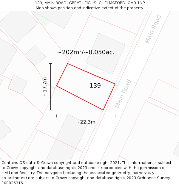 139, MAIN ROAD, GREAT LEIGHS, CHELMSFORD, CM3 1NP: Plot and title map