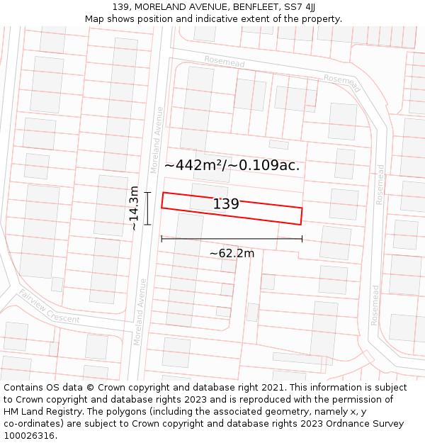 139, MORELAND AVENUE, BENFLEET, SS7 4JJ: Plot and title map
