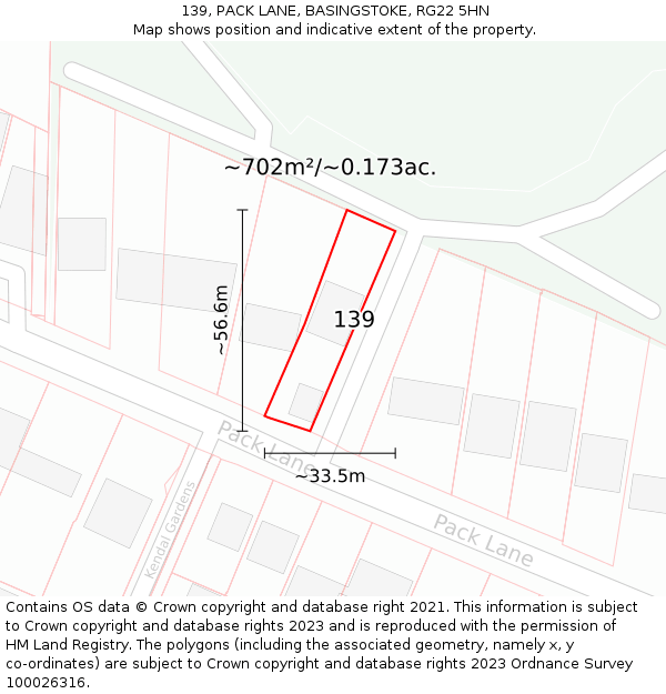 139, PACK LANE, BASINGSTOKE, RG22 5HN: Plot and title map