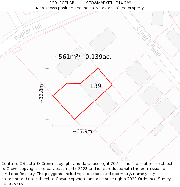 139, POPLAR HILL, STOWMARKET, IP14 2AY: Plot and title map