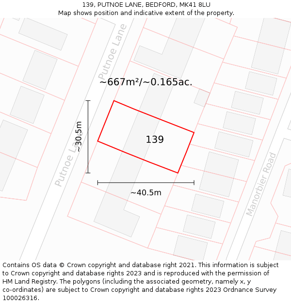 139, PUTNOE LANE, BEDFORD, MK41 8LU: Plot and title map