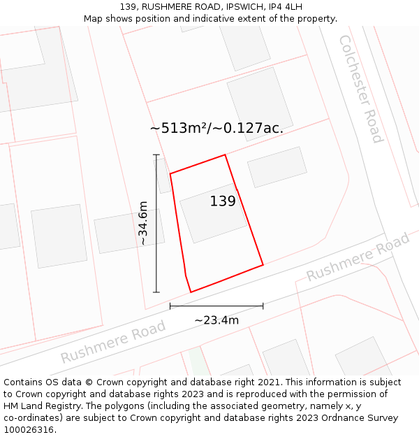 139, RUSHMERE ROAD, IPSWICH, IP4 4LH: Plot and title map
