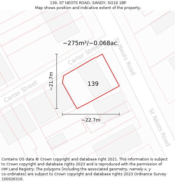 139, ST NEOTS ROAD, SANDY, SG19 1BP: Plot and title map