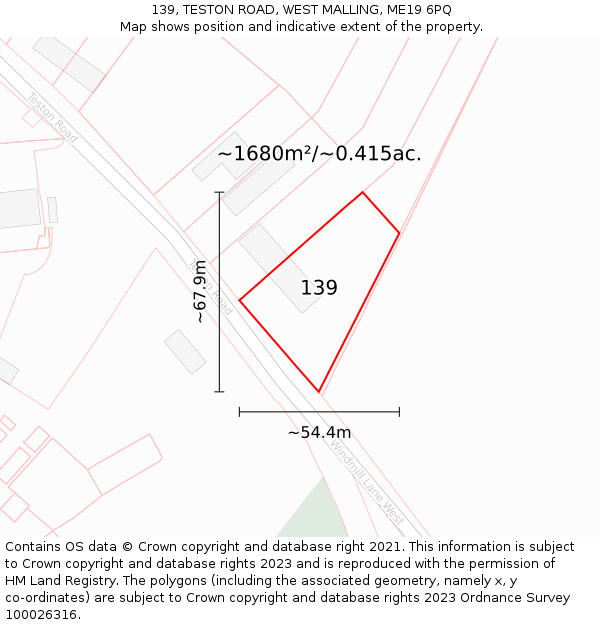 139, TESTON ROAD, WEST MALLING, ME19 6PQ: Plot and title map