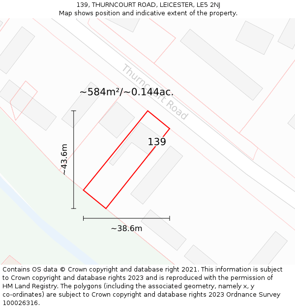 139, THURNCOURT ROAD, LEICESTER, LE5 2NJ: Plot and title map