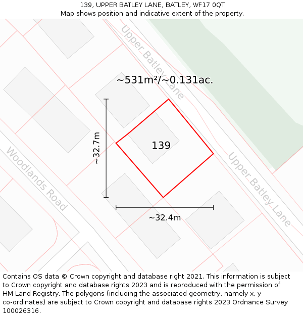 139, UPPER BATLEY LANE, BATLEY, WF17 0QT: Plot and title map