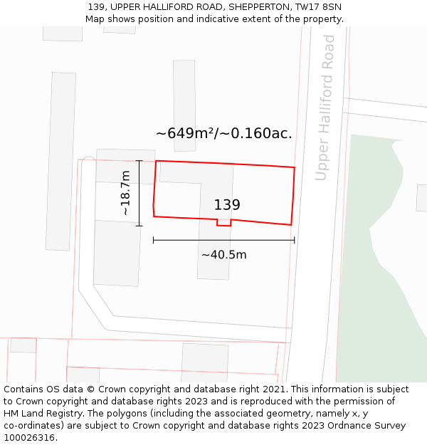 139, UPPER HALLIFORD ROAD, SHEPPERTON, TW17 8SN: Plot and title map