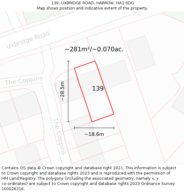 139, UXBRIDGE ROAD, HARROW, HA3 6DG: Plot and title map