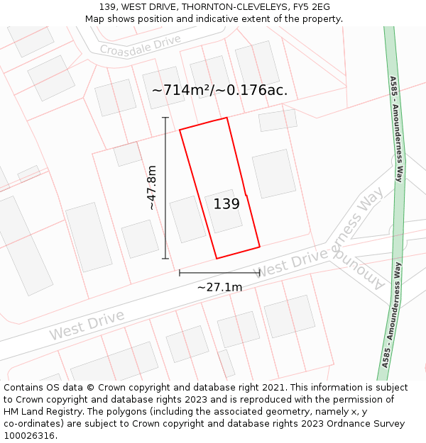 139, WEST DRIVE, THORNTON-CLEVELEYS, FY5 2EG: Plot and title map
