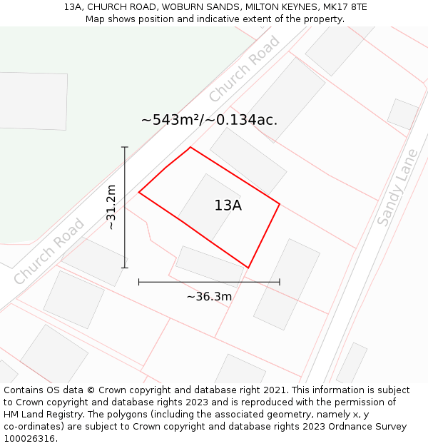 13A, CHURCH ROAD, WOBURN SANDS, MILTON KEYNES, MK17 8TE: Plot and title map