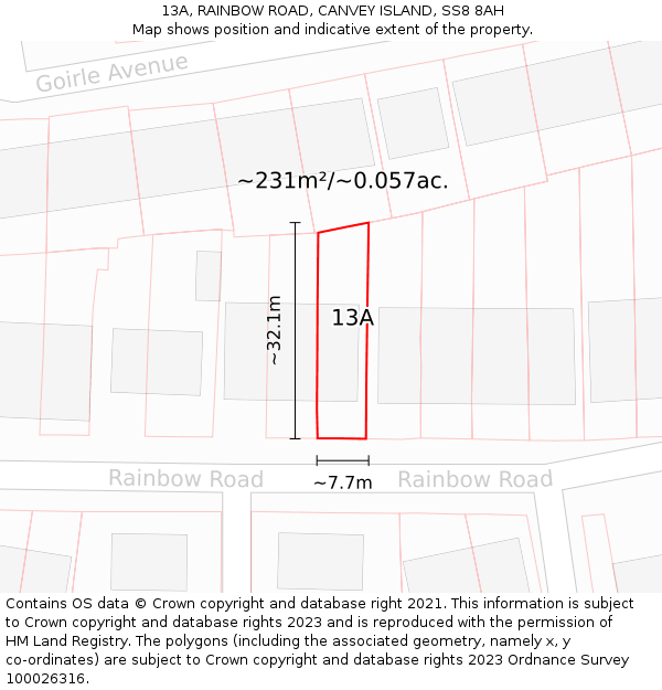 13A, RAINBOW ROAD, CANVEY ISLAND, SS8 8AH: Plot and title map